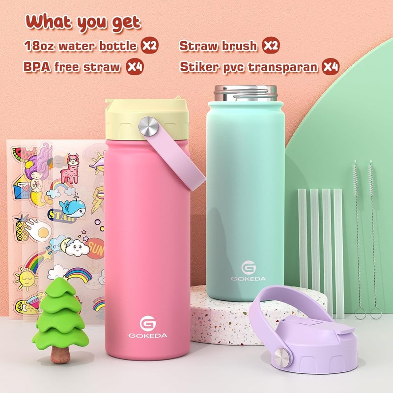 GOKEDA 18oz Kids Water Bottle, 2 Pack Insulated Bottles with Stickers, 18/8 Stainless Steel Vacuum Leak Proof Straw Cup for School, Gifts for Boys Girls(YelloPink+PurpleGreen) - Image 2